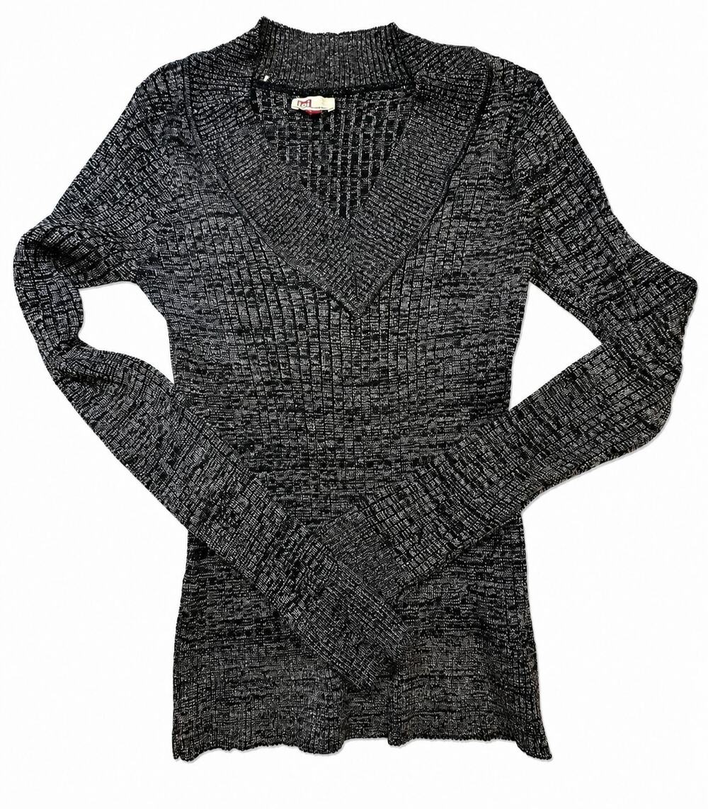 L.e.i. Y2K Metallic Ribbed V Neck Sweater Juniors XL Black Silver Long Sleeve